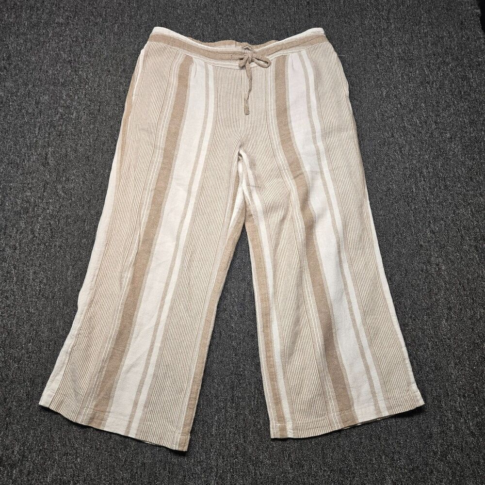 Per Se Women’s L Linen Capri Pants Beige White Striped Relaxed Fit Casual 36x24